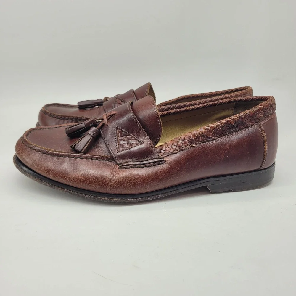 Johnston Murphy Mens 10M Brown Leather Tassel Loafers Woven Trim‎ Dress Shoes